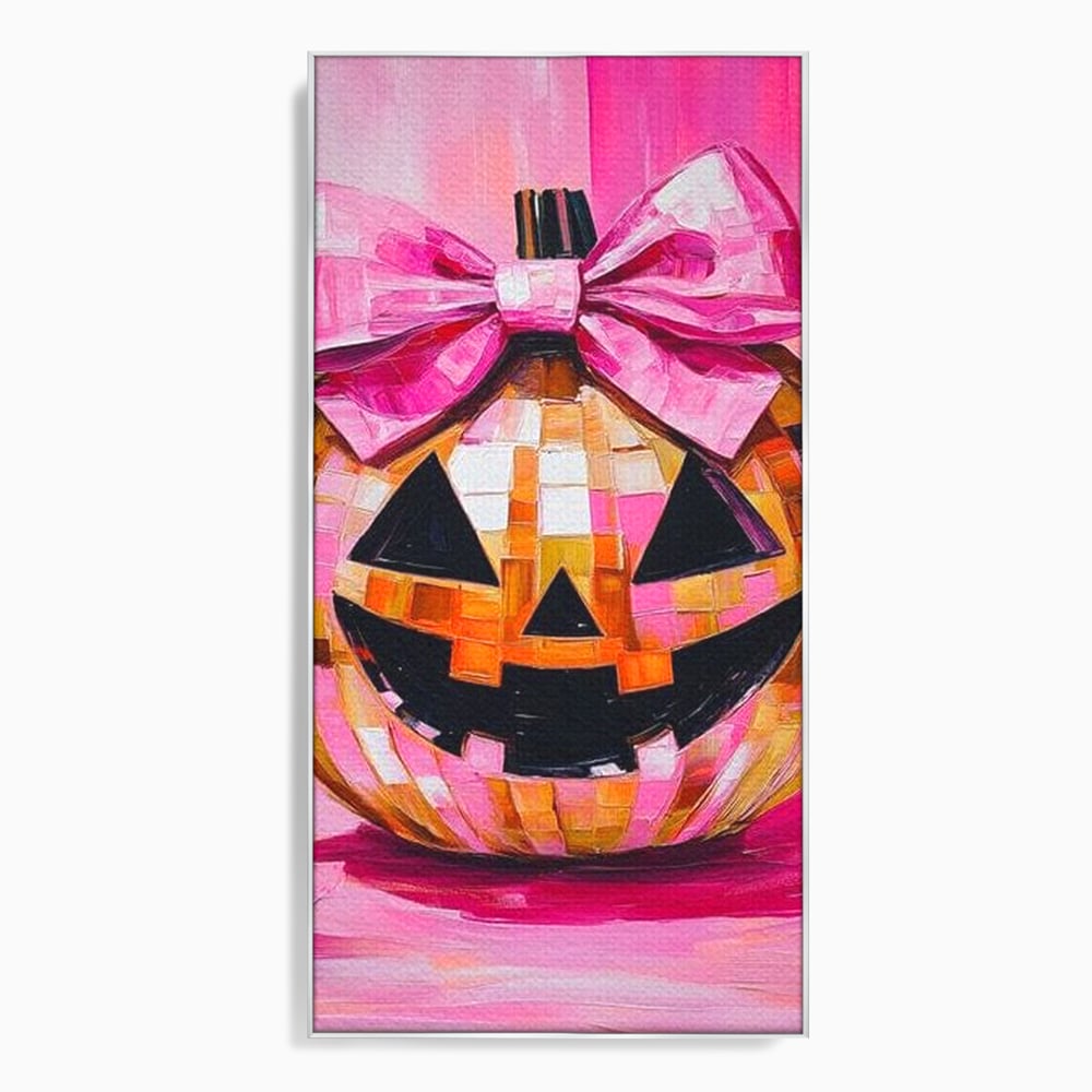 Tablou canvas cu tablou canvas cu dovleac roz si fundita, in rama de aluminiu argintiu